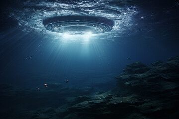 Fototapeta na wymiar Sci-fi and fantasy concept. UFO and extraterrestrial ship swimming in bottom of the ocean. Alien spacecraft flying underwater. Generative AI