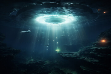 Obraz na płótnie Canvas Sci-fi and fantasy concept. UFO and extraterrestrial ship swimming in bottom of the ocean. Alien spacecraft flying underwater. Generative AI