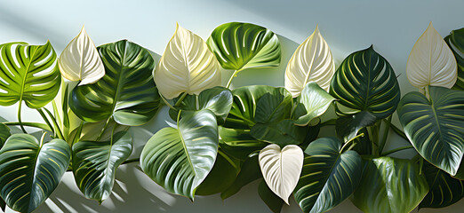 tropical leaves shadows on bright white wall background