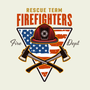 Firefighters vector emblem, logo, badge or label design illustration in colored style with fireman and american flag on light background