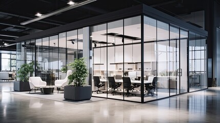 Interior of modern open space office with black walls, concrete floor, rows of computer tables and glass doors - 659291821