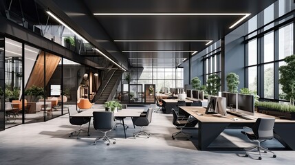 Interior of modern open space office with black walls, concrete floor, rows of computer tables and glass doors