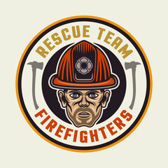 Firefighters vector round emblem, logo, badge or label design illustration in colored style on light background
