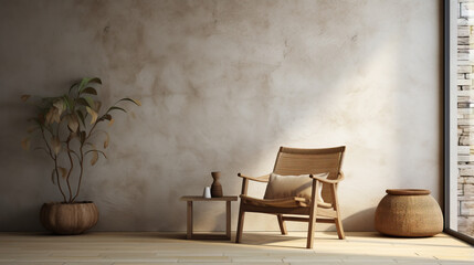interior with wicker chair and wooden frame, 3d render