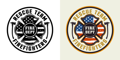 Firefighters vector round emblem, logo, badge or label design illustration in two styles black on white and colored