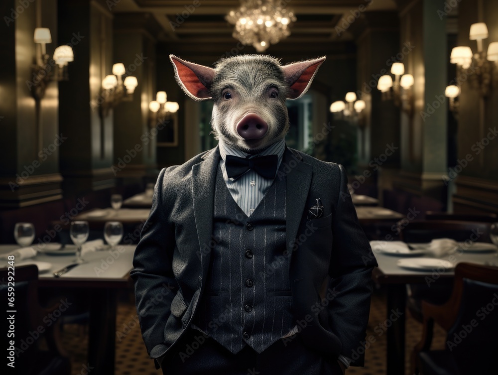 Poster a pig in a tuxedo standing in a restaurant. generative ai.
