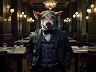 A pig in a tuxedo standing in a restaurant. Generative AI.