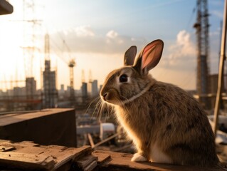 A rabbit sitting on a wood at a construction site.  Generative AI.