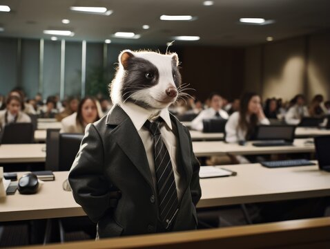A black and white ferret wearing a suit and tie. Generative AI.