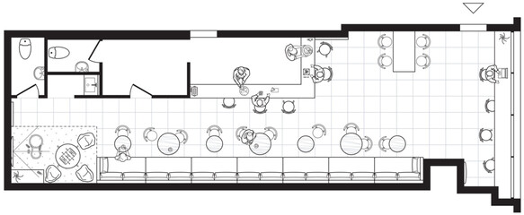 Cafe plan in top view. Floor plan of small restaurant. Arrangement of furniture in the catering interior. Bar design project. Vector 