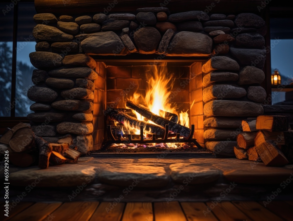 Poster a fire in a stone fireplace with logs in front of it. generative ai.