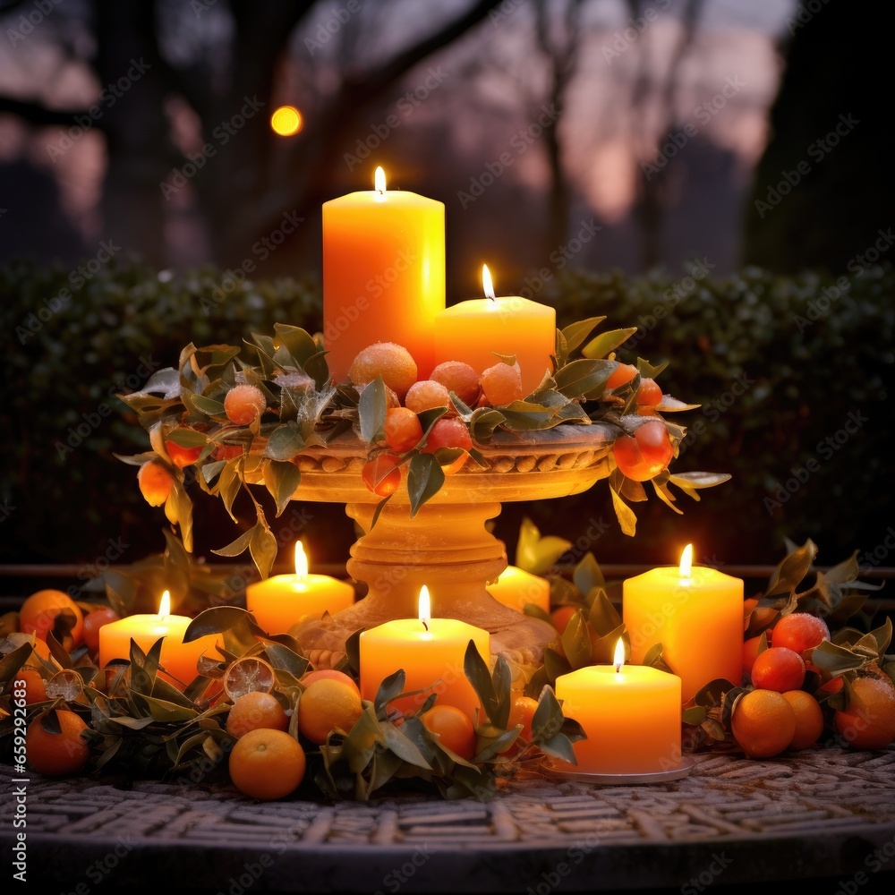 Aufkleber a table topped with lots of candles and oranges. generative ai.