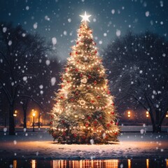 Fototapeta na wymiar A lighted christmas tree in a snowy park. Generative AI.