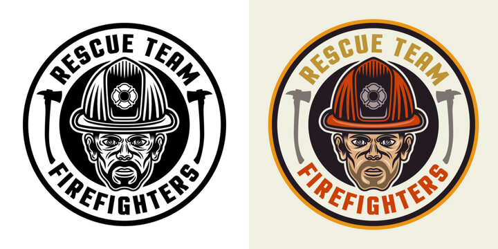Firefighters vector round emblem, logo, badge or label design illustration in two styles black on white and colored