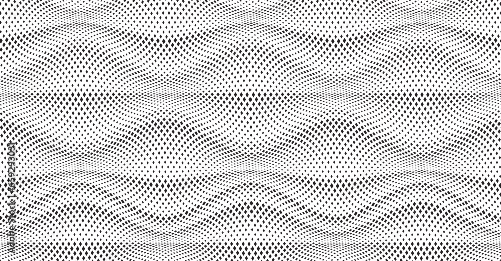 Poster abstract decorative half toned wavy striped background in black and white. seamless square dot patte