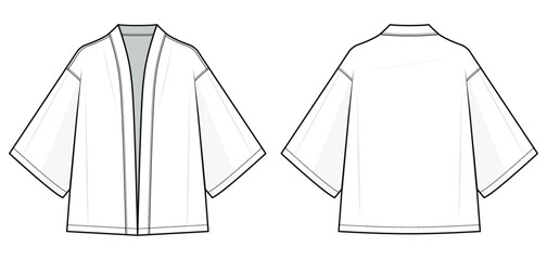 kimono fashion flat technical fashion illustration. Flat apparel, kimono fashion flat technical drawing template. front and back view, white color, unisex, CAD mock set. - obrazy, fototapety, plakaty