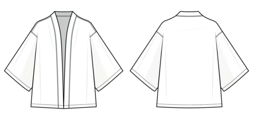 Foto op Plexiglas kimono fashion flat technical fashion illustration. Flat apparel, kimono fashion flat technical drawing template. front and back view, white color, unisex, CAD mock set. © aivenstudio