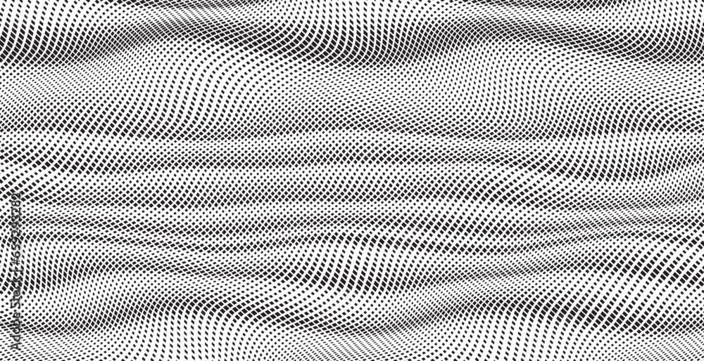 Poster abstract decorative half toned wavy striped background in black and white. seamless square dot patte