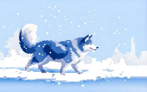 Pixel wolf on the background of winter. Pixel art concept. Cartoon style. Generative AI
