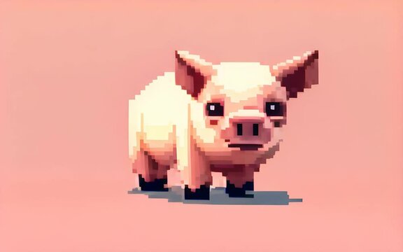 Pixel pig on pink background. Pixel art concept. Cartoon style. Generative AI