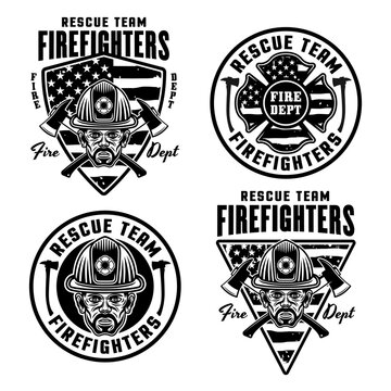 Firefighters set of vector emblems, logos, badges or labels design illustration in monochrome style isolated on white background