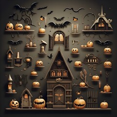 Halloween background icons of haunted house, pumpkins, bats and candles