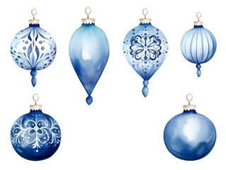Set of blue watercolor Christmas ornament balls isolated on white background 