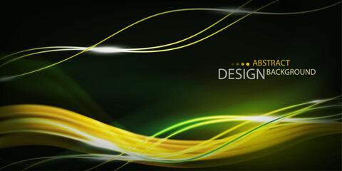 vector illustration yellow and green color glittering layout and glowing curve wave lines backdrop design, geometric digital technology background template.