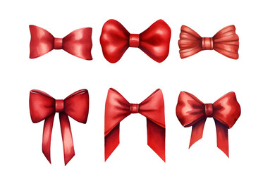 Set of different red watercolor Christmas ribbon isolated on white background 