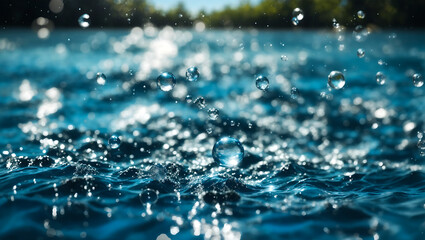 Small bubbles trapped under the ice in the brilliant blue water. - obrazy, fototapety, plakaty