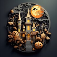 Halloween background with haunted house and full moon. Vector illustration.