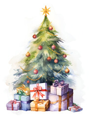 Watercolor green Christmas tree with ornaments and gifts on white background