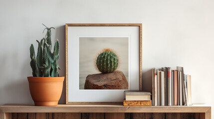 Mock up frame, cactus and books on a shelf