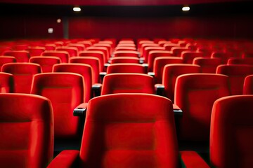 Fototapeta premium Empty cinema auditorium with red seats and lights. 3d rendering, Bright empty red seats in cinema rows, AI Generated