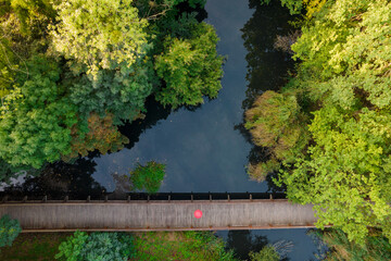 In the park, red umbrella on the wooden path - top-down view
