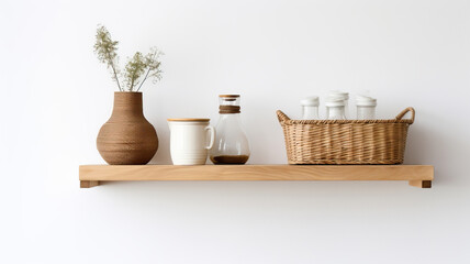 Wooden shelf with wicker basket and accessories on white wall background