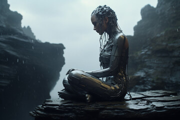 Sci-fi, fantasy, states of mind, nature concept. Half woman half robot meditating on rock during rain. Generative AI