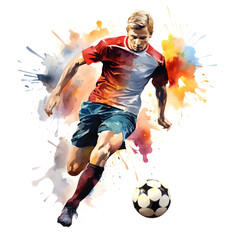 soccer player kicking ball, watercolor.