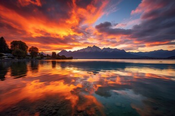 Obraz premium Sunset over Lake Lucerne, Switzerland, with reflection in the water, Bright sunset over lake Geneva, Switzerland, golden clouds reflect in the water, AI Generated