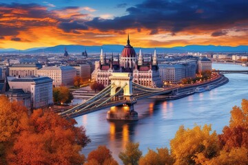 Panoramic view of Budapest and Danube river at sunset, Hungary, Budapest with chain bridge and parliament, Hungary, AI Generated