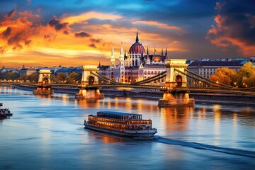 Budapest, Hungary. Chain Bridge and Danube river at sunset, Budapest with chain bridge and parliament, Hungary, AI Generated - obrazy, fototapety, plakaty