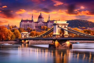 Budapest Chain Bridge over Danube river at sunset, Hungary, Budapest with chain bridge and parliament, Hungary, AI Generated