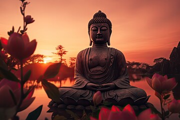 Buddha statue with lotus flower in pond at sunset, buddha statue in the sunset, AI Generated