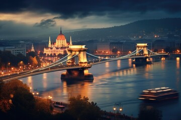 Fototapeta na wymiar Budapest Chain Bridge and Danube river at night, Hungary, Budapest with chain bridge and parliament, Hungary, AI Generated