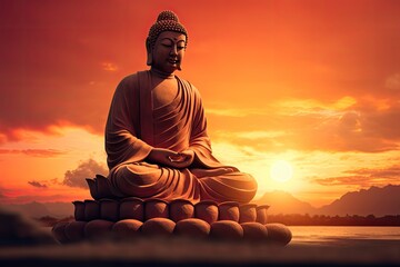 Buddha statue on the lotus position with sunset background, buddha statue in the sunset, AI...