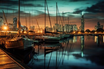 Yachts and boats in the marina at night, Dubai, United Arab Emirates, Buenos Aires, Puerto Madero at Night, AI Generated - obrazy, fototapety, plakaty