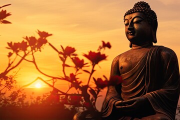 Buddha statue with sunset background, Buddha statue on sunset background, buddha statue in the sunset, AI Generated