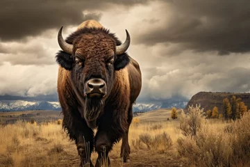 Papier Peint photo Lavable Buffle Bison in Yellowstone National Park, Wyoming, United States of America, buffalo in the wild, AI Generated