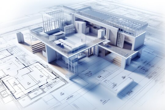 Architectural project with blueprints and model of a private house, building project plan blueprint of a modern house, AI Generated