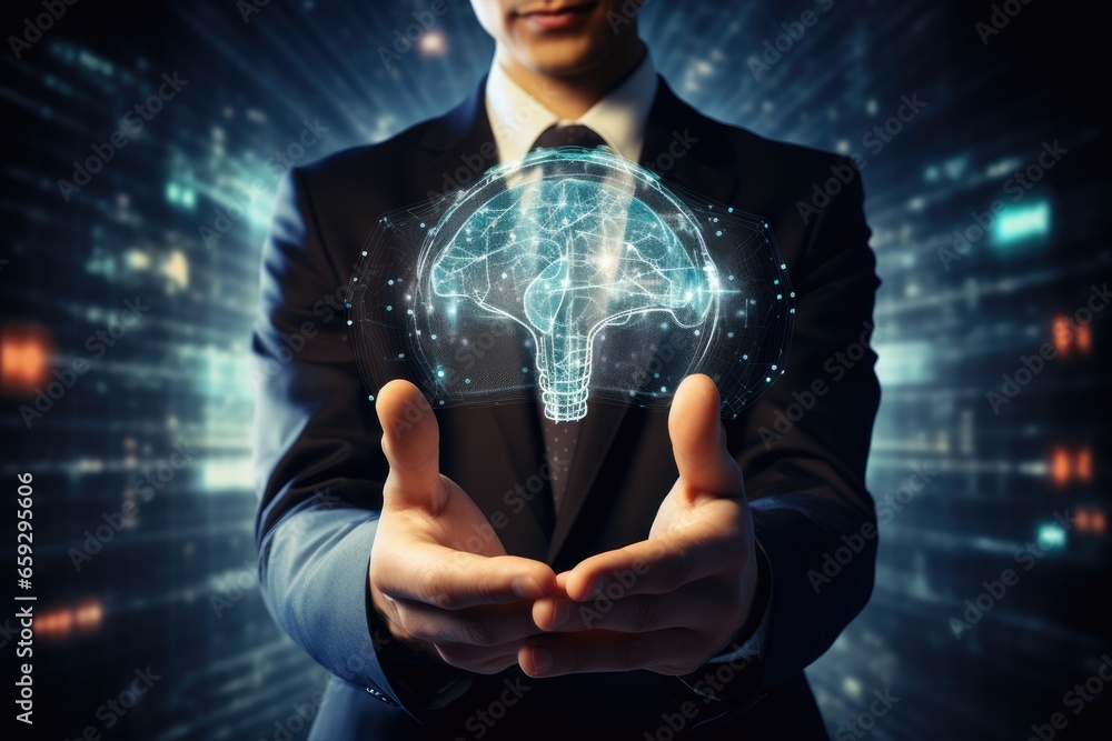 Poster close up of businessman holding digital brain hologram in palm. 3d rendering, businessman hand using